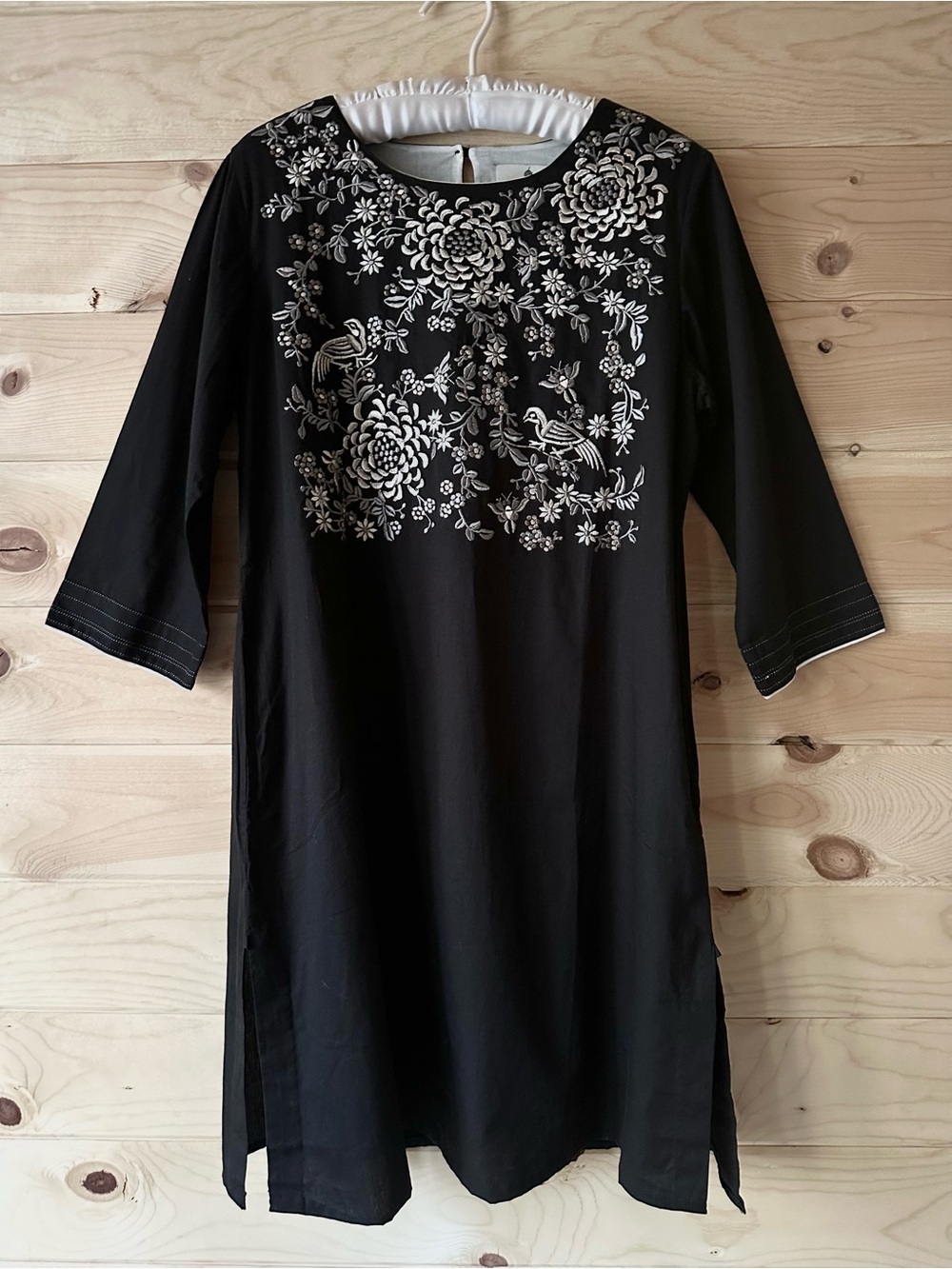 JAYPORE India Embroidered Bird Floral Black Tunic Dress 100% Cotton Pockets M